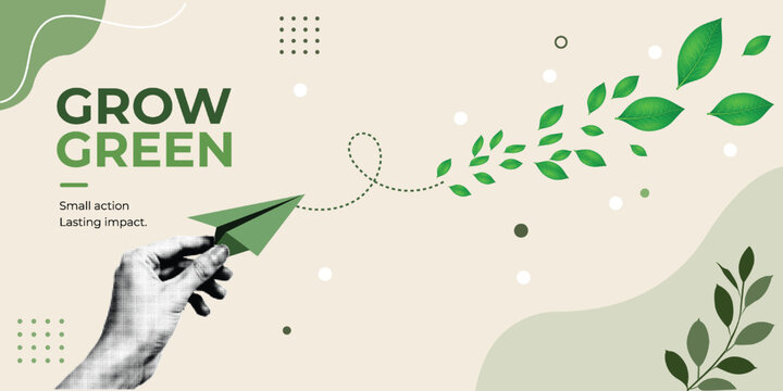 Halftone Pop Art Collage with Hand Releasing Green Paper Plane with Flying Leaves. Grow Green, Small Action Lasting Impact Eco Sustainability Concept. Retro Vintage Style Banner