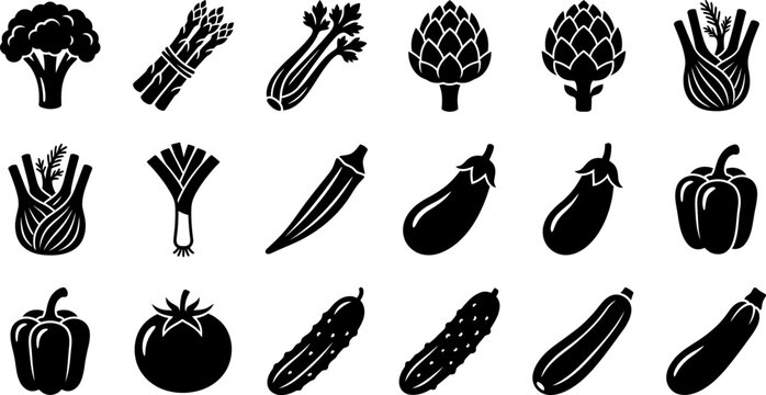 Set of fresh vegetable icons in black and white style.