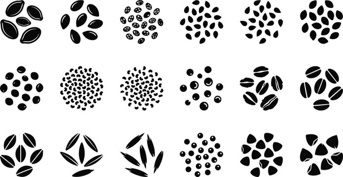 Set of various cereal grains and healthy seeds icons.
