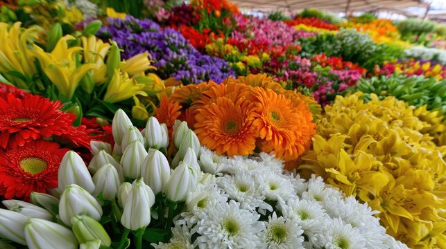 Colorful assortment of blooming flowers on display at market