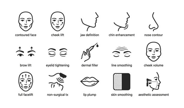 Face contour icons showing cosmetic procedures and treatments on white