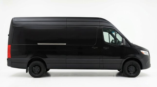 A black van is parked on a plain surface in profile view