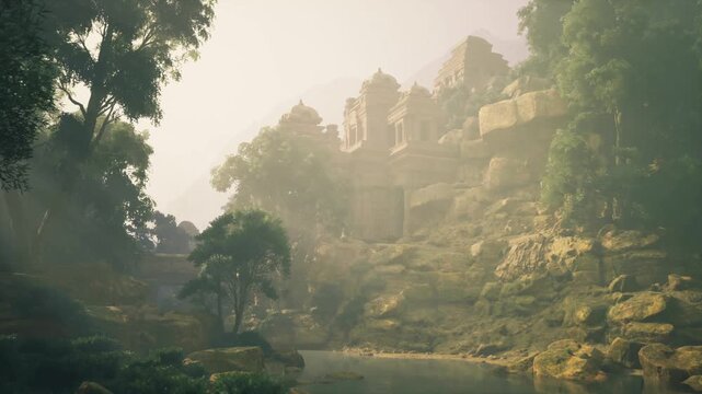 Cliffside sanctuary overlooks tranquil pool, layered terraces carved into rock, soft mist and warm sidelighting, sense of secluded refuge and archeological