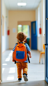 Kindergarten first day, child walks toward classroom, parent waves from threshold, calm separation support, backpack, bright hallway, early learning milestone.