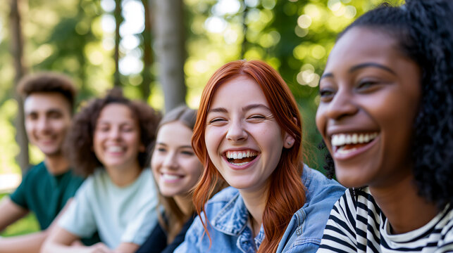 Summer picnic friendship, diverse young group laughing around table, sunlit park greenery, clean bokeh, serotonin mood, joyful bonding, carefree social memory.