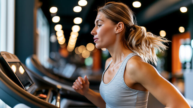Sweaty woman running treadmill side profile in modern gym with bokeh lights. Athletic blonde runner during intense cardio workout, determined focused expression showing fitness dedication and effort.