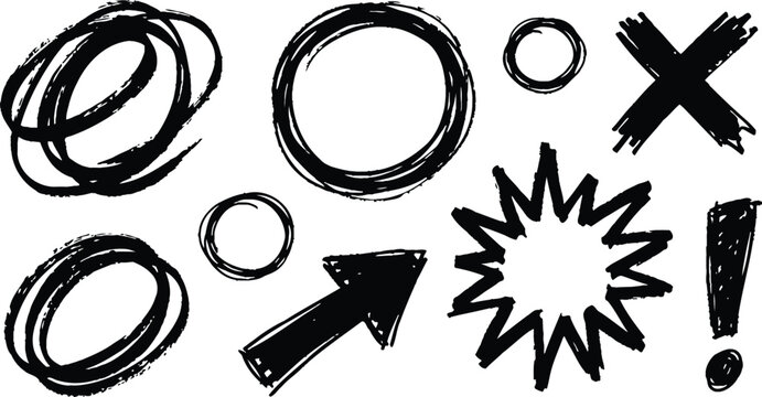 Hand drawn correction marks and infographic emphasis elements set, sketchy circles, cross mark, arrow vector graphics, editorial feedback symbols