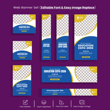Study abroad education expo web banner set with year and date easy editable font and image replacement for event promotion and marketing, social media graphics, website banners, online advertising ads