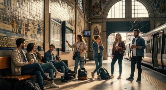 People waiting at train station platform.