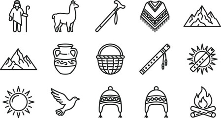 Set of Andean culture and Peru heritage outline icons. © artho 