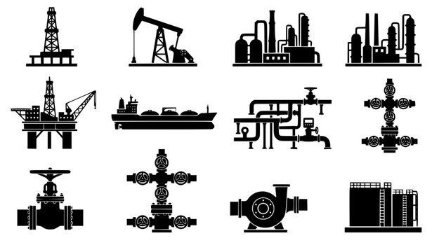 Minimal oil and gas equipment icon collection vector