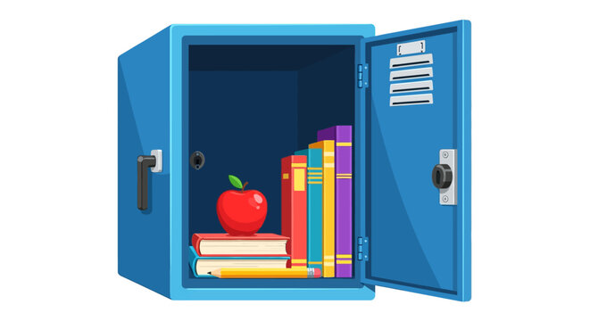 A blue school locker with an open door revealing colorful books and a red apple inside educational storage.