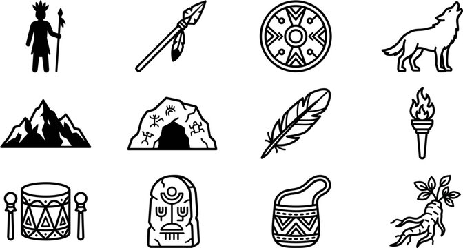Set of Native American culture and tribal life icons.