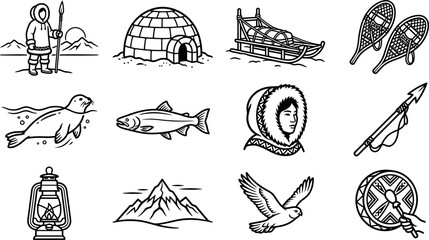 Set of Arctic and Inuit Culture Themed Hand Drawn Icons. © artho 