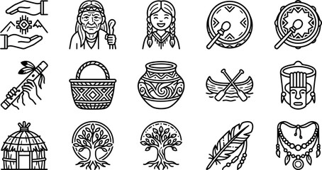 Set of Native American Culture and Traditions Outline Icons. © artho 