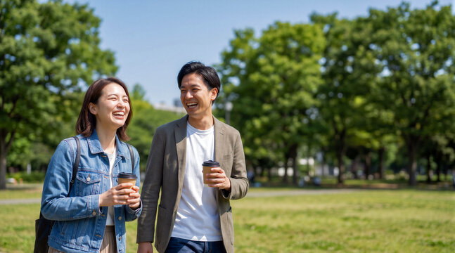A happy young Asian couple enjoys a serendipitous moment, laughing together while walking in a sunny urban park with coffee cups in hand during a peaceful morning.