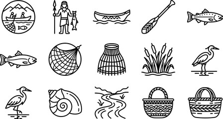 Fototapeta premium Set of line art icons related to traditional indigenous fishing and river life.