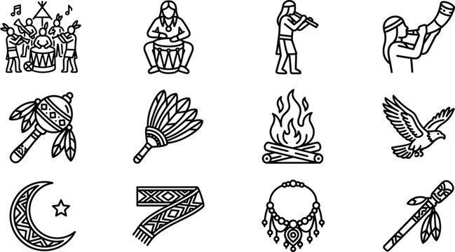 Set of indigenous American cultural symbols and ritual icons.