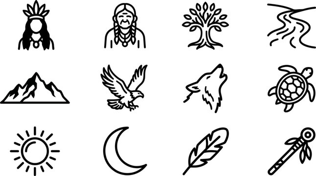 Set of indigenous and native american culture line icons.