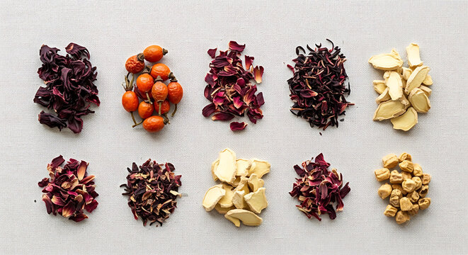 Ten small piles of assorted dried herbs, berries, spices, and ginger slices on a neutral background