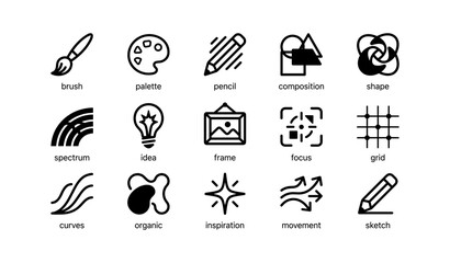 Fototapeta premium Art and design icons arranged in grid on white background