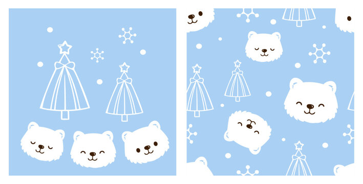 Cute polar bear faces and Christmas tree seamless pattern with snowflakes on pastel blue background, adorable winter nursery illustration for baby fabric and holiday decorations.