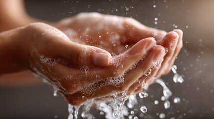 Fototapeta premium Human hands rinsing with foamy soap and clean water. Illustrating essential daily personal hygiene practices for effective germ removal. Promoting health