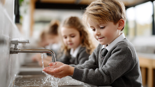 Small boy holding hands under a stream of water, practicing good hygiene and handwashing at a public sink, learning essential health habits in an educational setting