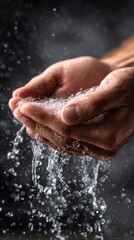 Fototapeta premium Water pouring from a tap forming splashes and droplets, clean water flowing into cupped hands, showing hygiene, health, refreshment, purification, and fresh liquid for washing
