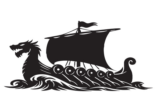 Detailed viking ship silhouette with dragon figurehead on transparent background vessel drakkar longship black graphic vector