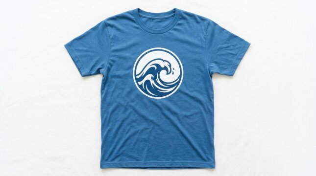 Blue T-shirt with White Circular Wave Graphic Design Displayed Flat on a Clean Minimalist Background