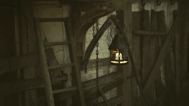 Cobwebbed lantern hanging in quiet niche, warm ember light meeting aged timber and moss flecks, rustic cottagecore vibe with medieval undertone for atmospheric