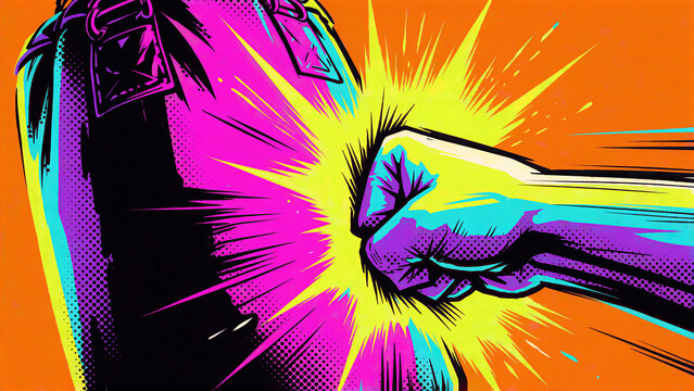 karate kudo comic book style action punch with yellow energy blast