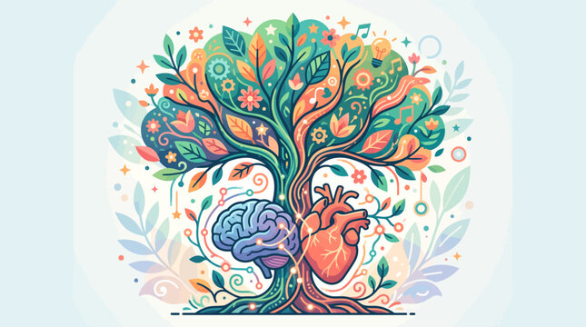 Vibrant Tree of Life Growing from Human Brain and Heart Symbolizing Emotional Intelligence and Creativity