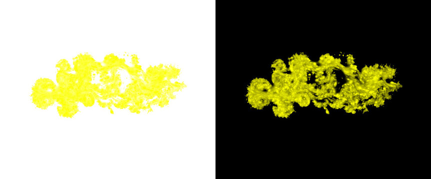 Yellow ink in water explosion, vibrant liquid paint swirl on black and white background, abstract colorful smoke cloud for creative design