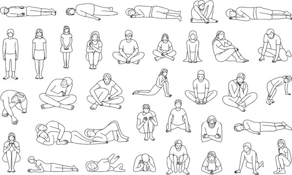 Human Activity Line Icon Set with Daily Life Exercise and Wellness Symbols