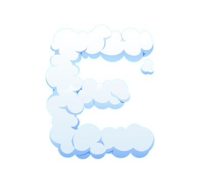 Cartoon fluffy cloudy sky font letter E. Heaven cloudy sky type font symbol, white smoke English alphabet isolated vector sign. White cloud kids ABC typeface letter or fluffy mist typeset element