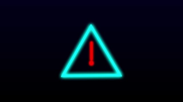 Glowing neon warning triangle with a red exclamation mark animated on dark background. A hazard, alert, safety, error messages, security, user interfaces, and technology concepts 4k animation.