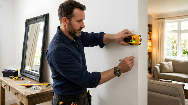Professional Handyman Using Stud Finder to Locate Wall Studs | DIY Home Renovation and Interior Improvement Project | Mature Man Marking Wall for Hanging Mirror | House Repair and Maintenance Tasks