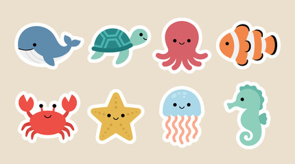 Colorful collection of cute marine animal vector stickers featuring a whale turtle octopus fish crab starfish jellyfish and seahorse designs © Firdaus