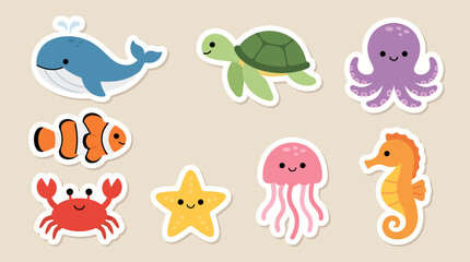 Cute set of colorful marine animal vector stickers featuring a whale turtle octopus fish crab starfish jellyfish and seahorse illustration © Firdaus