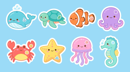 Colorful vector illustration set featuring cute kawaii sea animals including a whale turtle clownfish octopus crab starfish jellyfish and seahorse © Firdaus