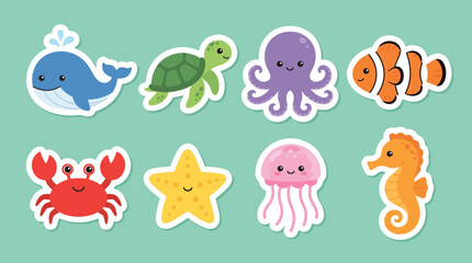 Vibrant collection of cute aquatic animal vector stickers featuring a whale turtle octopus clownfish crab starfish jellyfish and seahorse designs © Firdaus