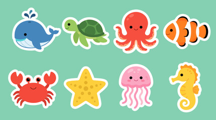 Cute collection of colorful sea animal vector illustrations featuring a whale turtle octopus clownfish crab starfish jellyfish and seahorse designs © Firdaus