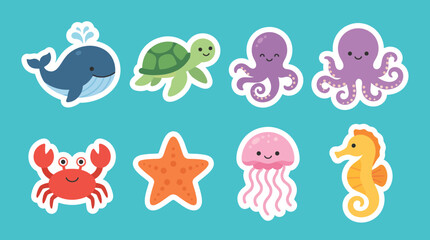 Cute colorful vector illustration set featuring adorable sea creatures like whales turtles octopuses crabs jellyfish seahorses and orange starfish icons © Firdaus