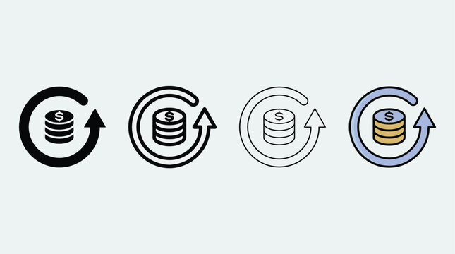 Four financial featuring a stack of coins with a circular arrow symbolizing cash flow and money refund processes
