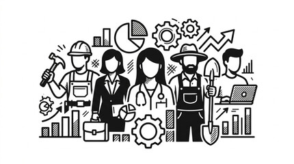 Naklejka premium Diverse Professions Represented in Doodle Style.