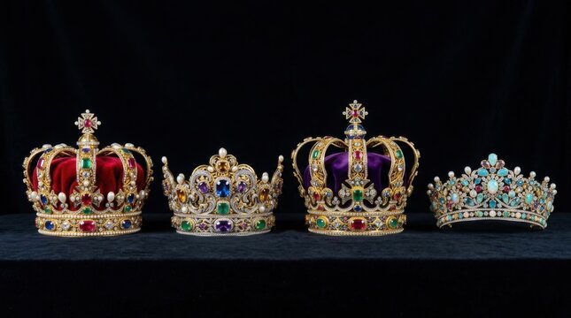 Four ornate royal crowns displayed in a row against a solid black background in studio lighting