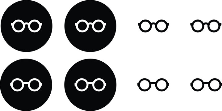 Rounded glasses icons collection showing various stroke weights and solid fills for optometry and vision care branding projects.