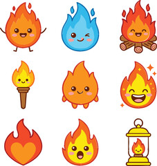 Fototapeta premium Cute kawaii fire flame sticker bundle featuring happy cartoon bonfire torch lantern and blue fire characters vector illustration isolated on white